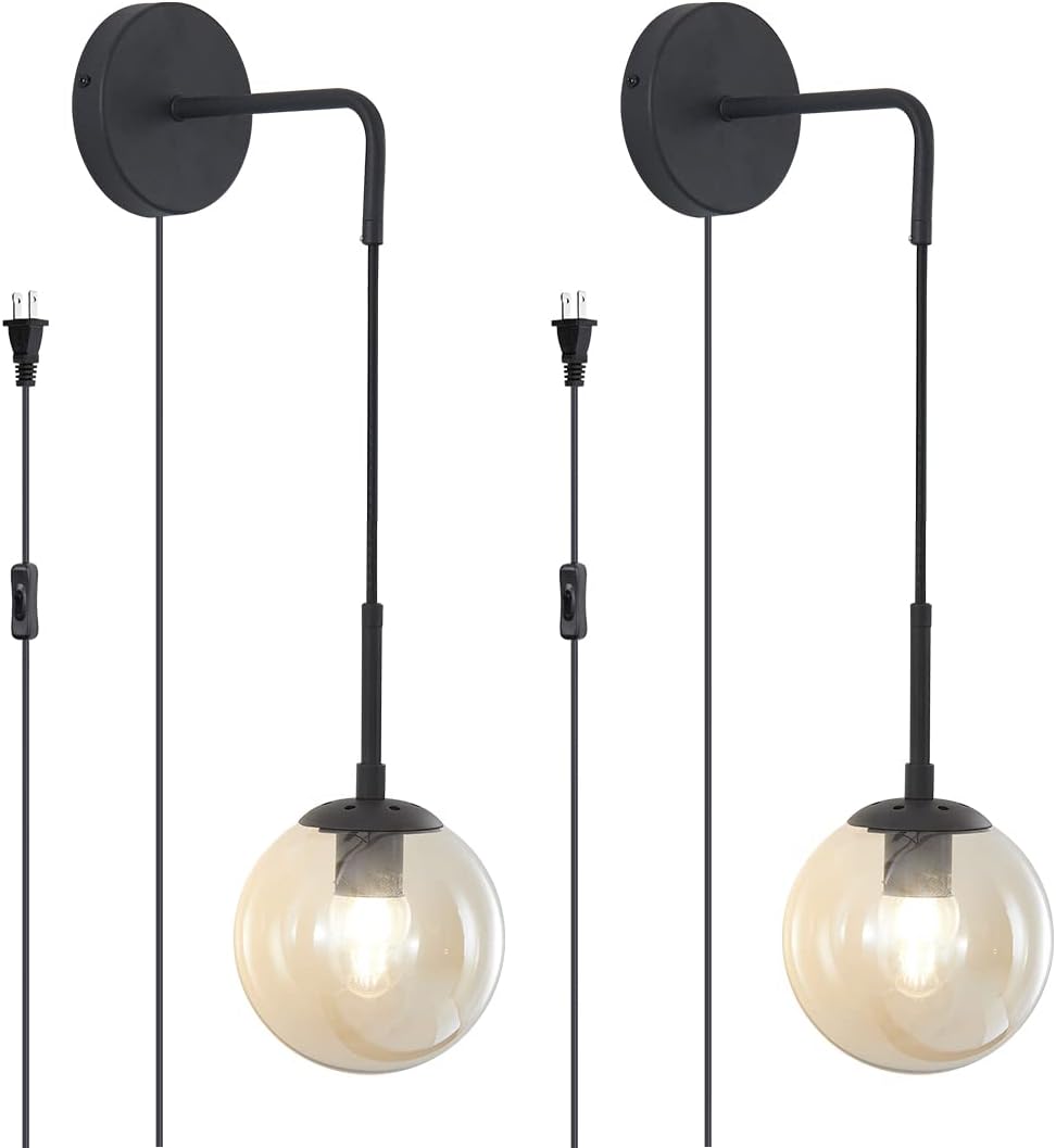 BOKT Matte Black Amber Glass Wall Sconce Light Set of Two Plug in Mid Century Modern Globe Wall Sconce Lamp Set of 2 Plug in Cord Farmhouse Industrial Bathroom Wall Light (Amber)