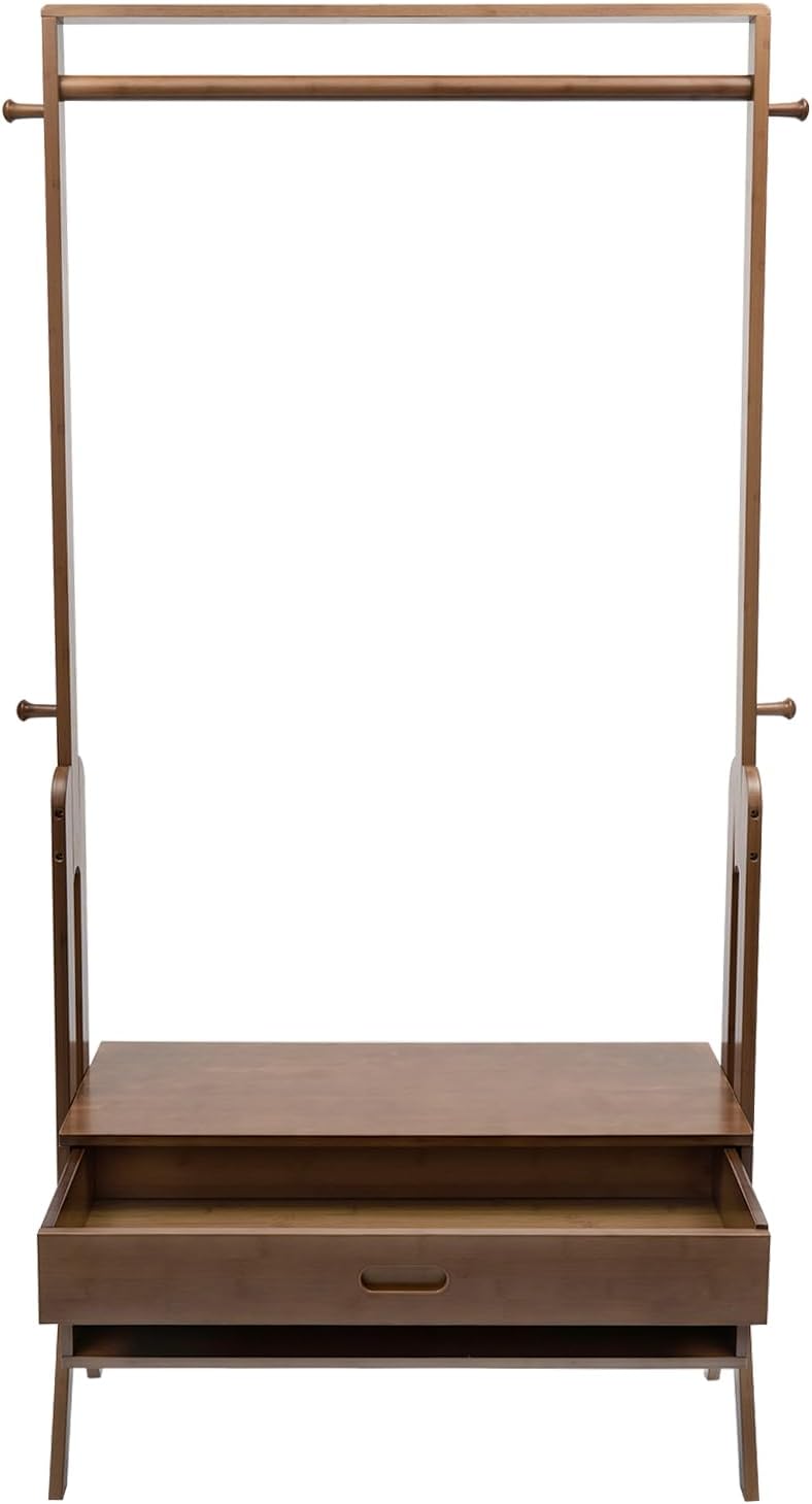 Bamboo Garment Racks, Clothes Rack for Hanging Clothes Portable Closet with Hanging Rod Shelving Clothing Rack Freestanding Wardrobe, Closet Organizers and Storage Drawers, Max Load 300LBS, Brown