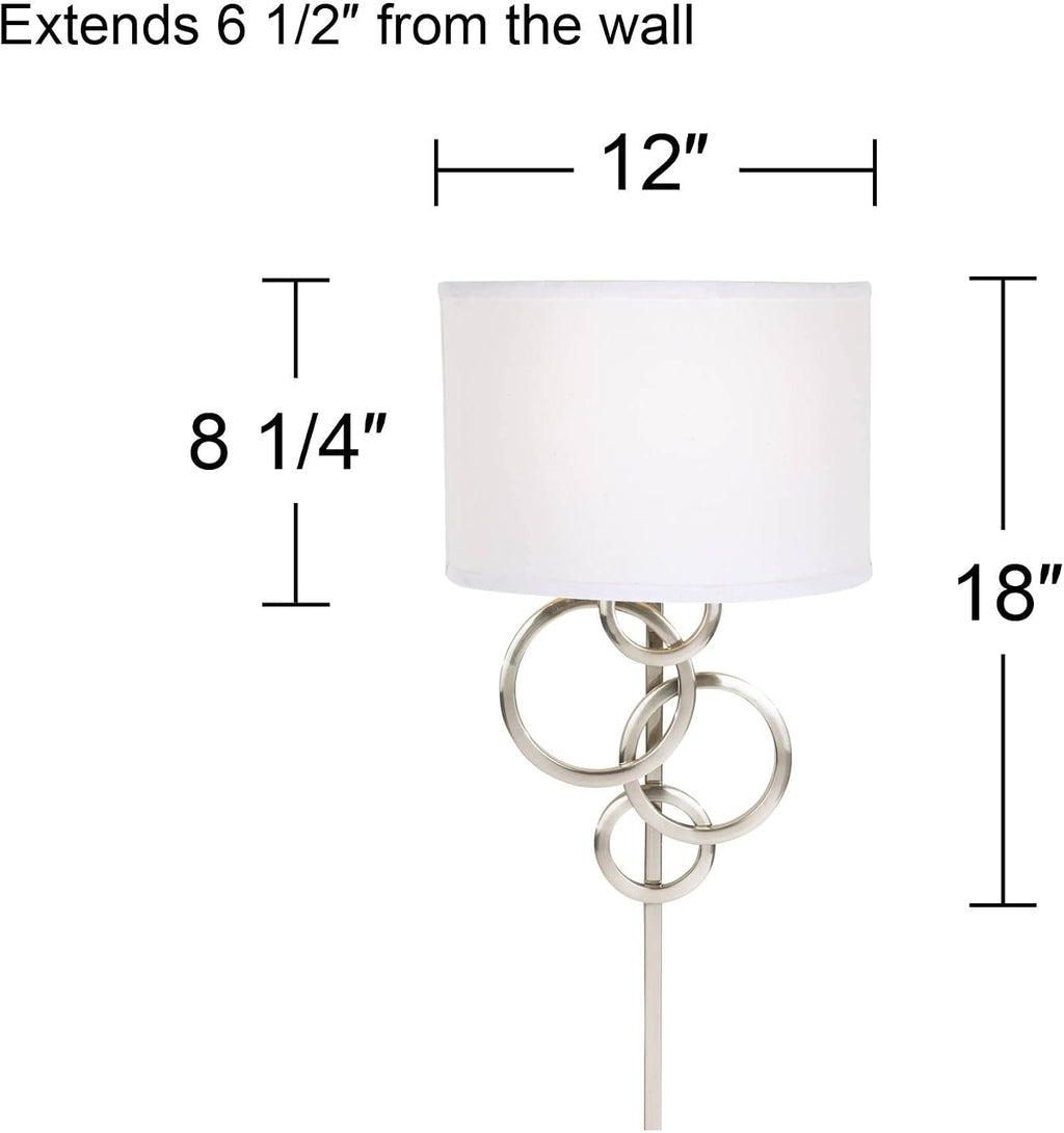 Possini Euro Design Design Circles Modern Wall Lamp Brushed Nickel Metal Plug-in 12' Fixture Cotton Half Drum Shade for Bedroom Bathroom Vanity Reading Living Room Hallway Bedside Dining Room