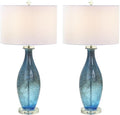 Pemberly Row Contemporary Table Lamps, 30-Inch Blue Tone Art Glass Body with Crystal Base, Linen Shade, 3-Way Switch, Coastal Style for Living Room or Bedroom Lighting, Set of 2