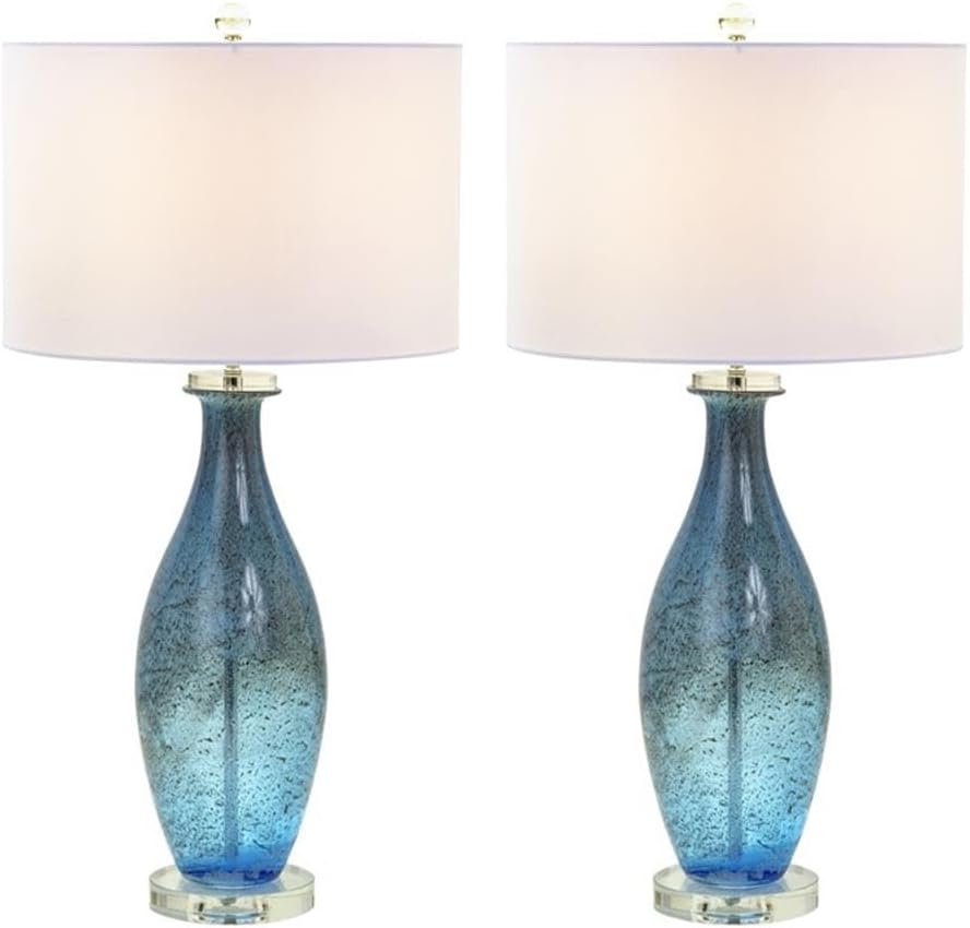 Pemberly Row Contemporary Table Lamps, 30-Inch Blue Tone Art Glass Body with Crystal Base, Linen Shade, 3-Way Switch, Coastal Style for Living Room or Bedroom Lighting, Set of 2
