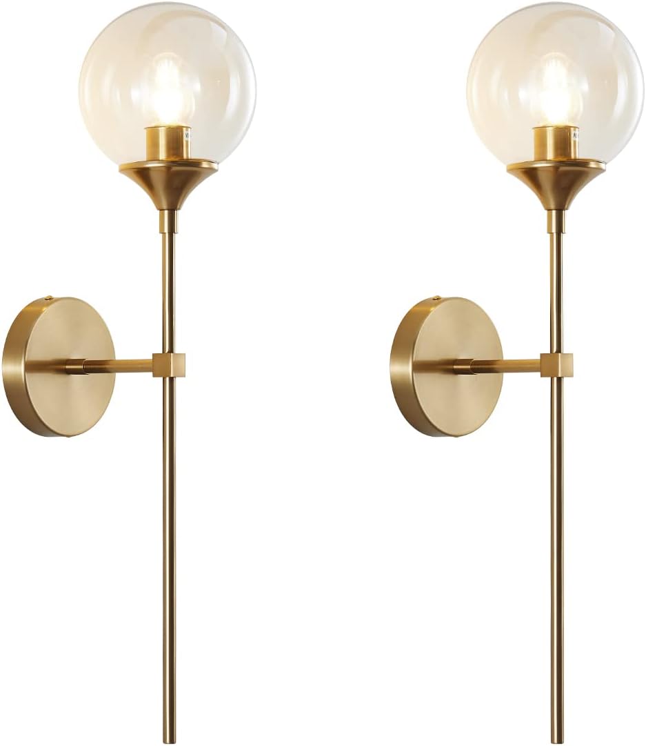 BOKT Brass Gold Wall Sconce Lighting Set of 2 Mid Century Modern Long Globe Wall Sconce Light Set of Two Amber Glass Bathroom Vanity Light Fixture Bedroom Wall Lamp (Amber)
