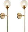 BOKT Brass Gold Wall Sconce Lighting Set of 2 Mid Century Modern Long Globe Wall Sconce Light Set of Two Amber Glass Bathroom Vanity Light Fixture Bedroom Wall Lamp (Amber)