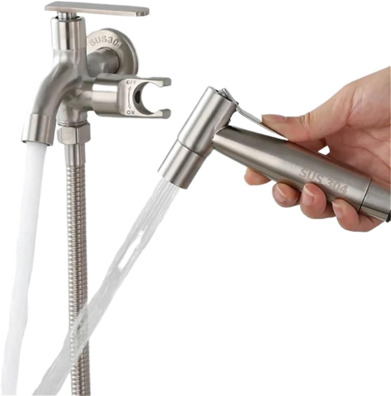 Bathroom Stainless Steel Faucet Toilet Cleaning Kit Pipe Sprayer Household Double Tap Accessories-Silver