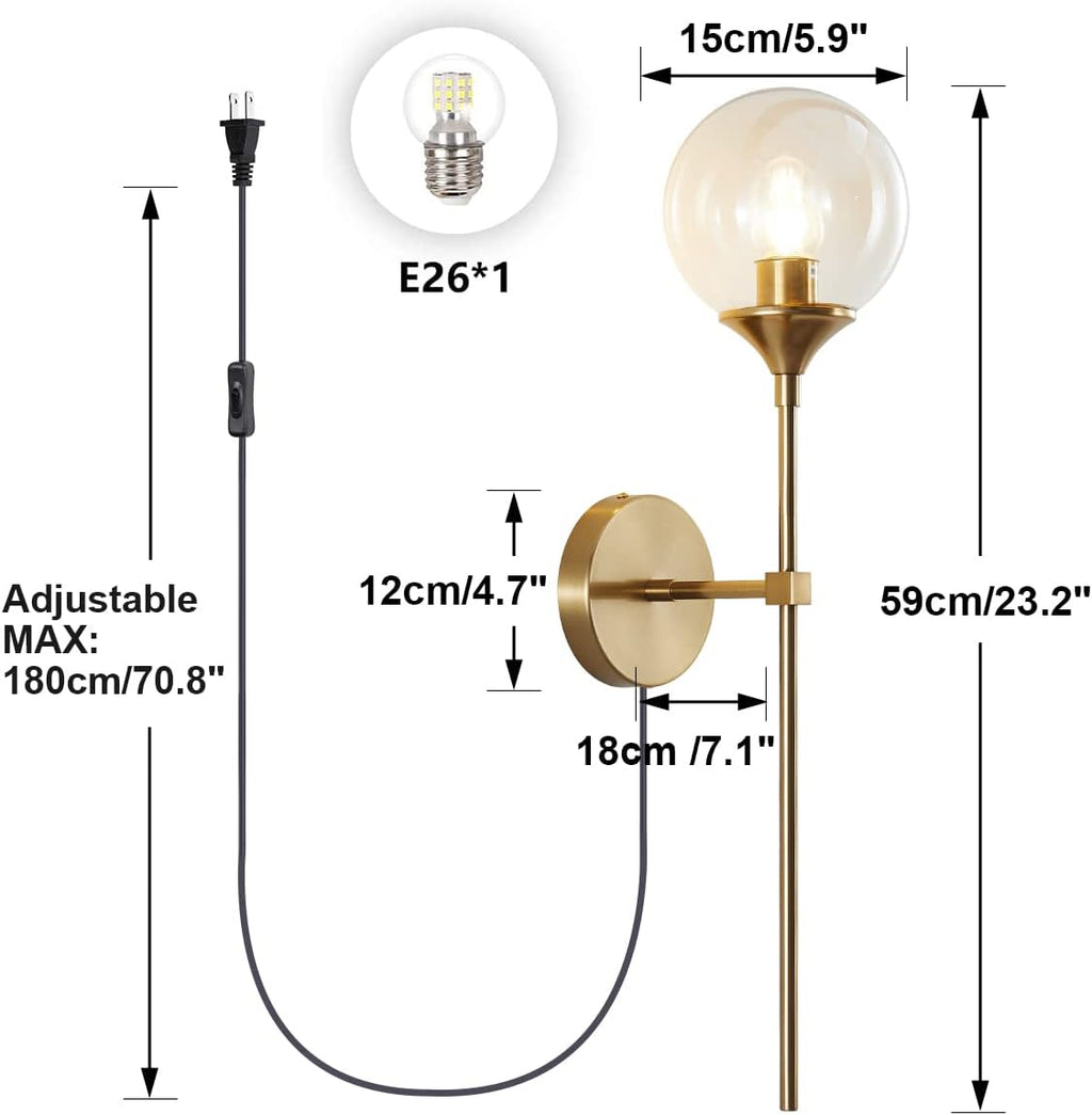 BOKT Brushed Gold Plug in Wall Sconce Set of 2 Mid Century Modern Long Globe Wall Sconce Light with Plug in Cord Amber Glass Bathroom Vanity Light Fixture (Amber-Plug in)