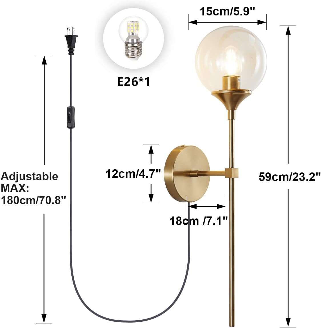 BOKT Brushed Gold Plug in Wall Sconce Set of 2 Mid Century Modern Long Globe Wall Sconce Light with Plug in Cord Amber Glass Bathroom Vanity Light Fixture (Amber-Plug in)