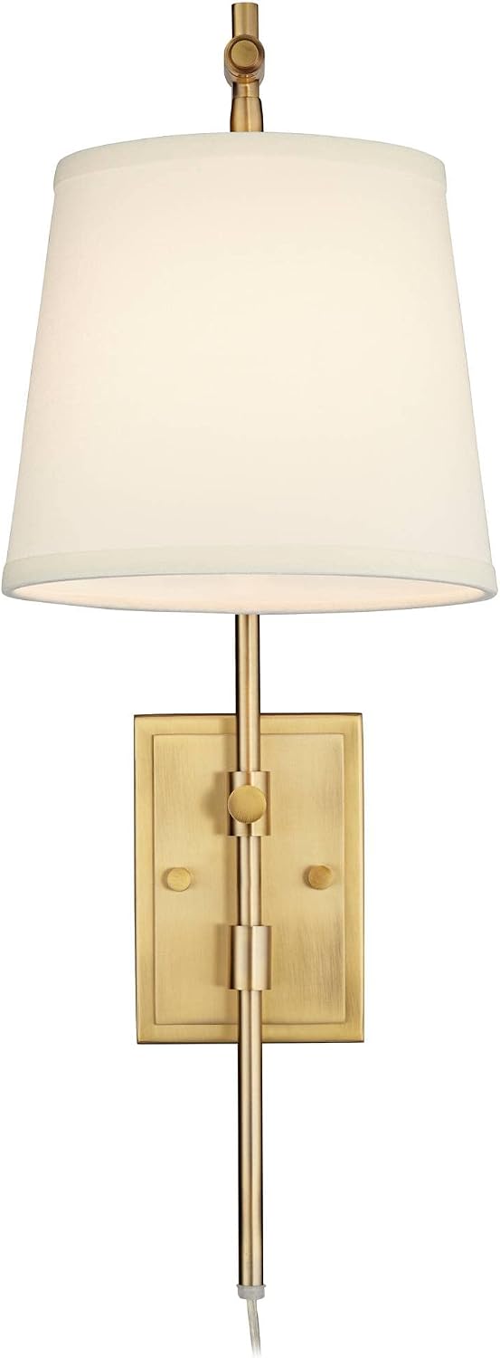 Barnes and Ivy Seline Modern Wall Lamps Set of 2 Warm Gold Metal Plug-in 9' Adjustable Swivel Off-White Linen Drum Shade for Bedroom Living Room Home Hallway Dining Kitchen