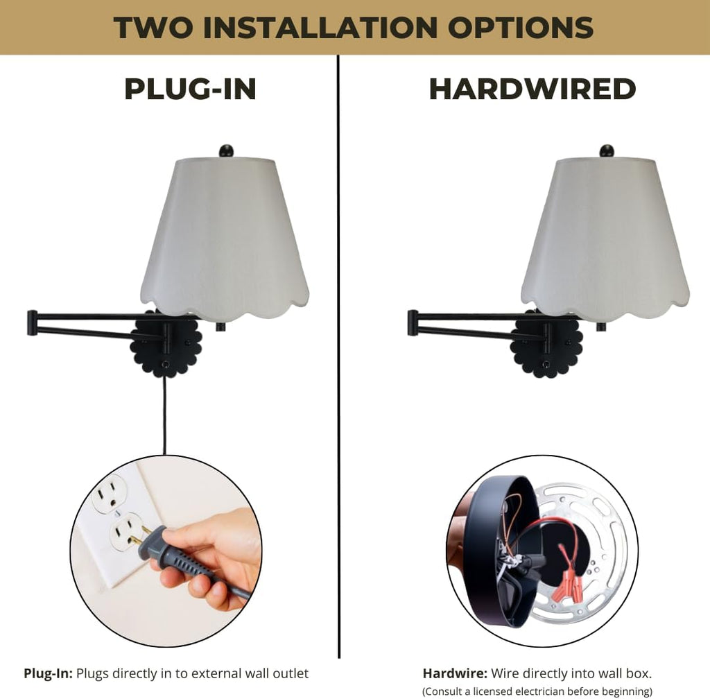 Royal Designs, Inc. Set of 2 Scalloped Swing-Arm Dimmable Wall Lamp - Black Lamp with Gray Scallop Hardback Lampshade