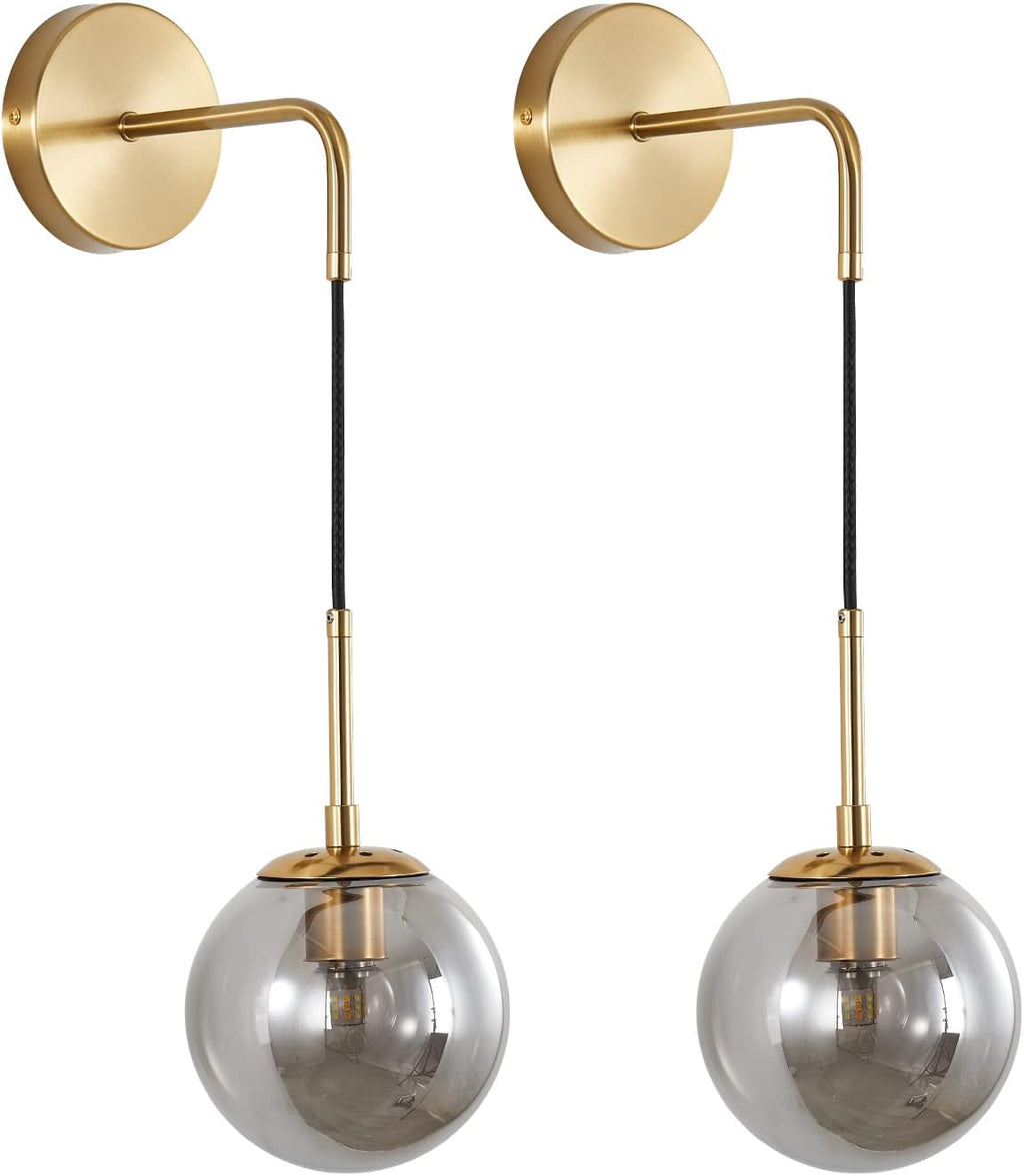 KCO Lighting Modern Glass Globe Wall Sconce Minimalist Gold Wall Mounted Sconce Light with Smoke Grey Lampshade Round Wall Lamp for Bathroom Mirror Bedroom (Smoke Grey-2PC)