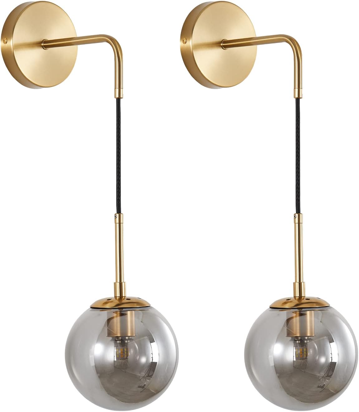 KCO Lighting Modern Glass Globe Wall Sconce Minimalist Gold Wall Mounted Sconce Light with Smoke Grey Lampshade Round Wall Lamp for Bathroom Mirror Bedroom (Smoke Grey-2PC)