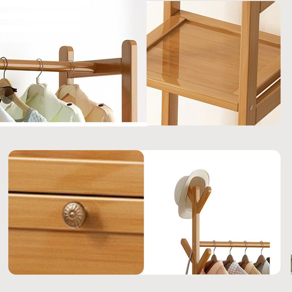 HomeLava Bamboo Garment Rack Heavy Duty Clothes Rack with Drawers Shelves and Side Hook, Clothing Rack for Entry Bedroom (Natural, 31.5'')