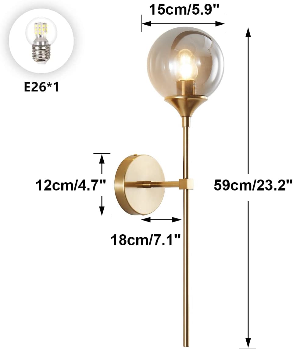 BOKT Brushed Brass Gold Wall Mounted Sconce Set of 2 Mid Century Modern Long Globe Wall Light Fixture Vintage Smoke Gray Glass Wall Sconce Lighting (Smoke Gray)