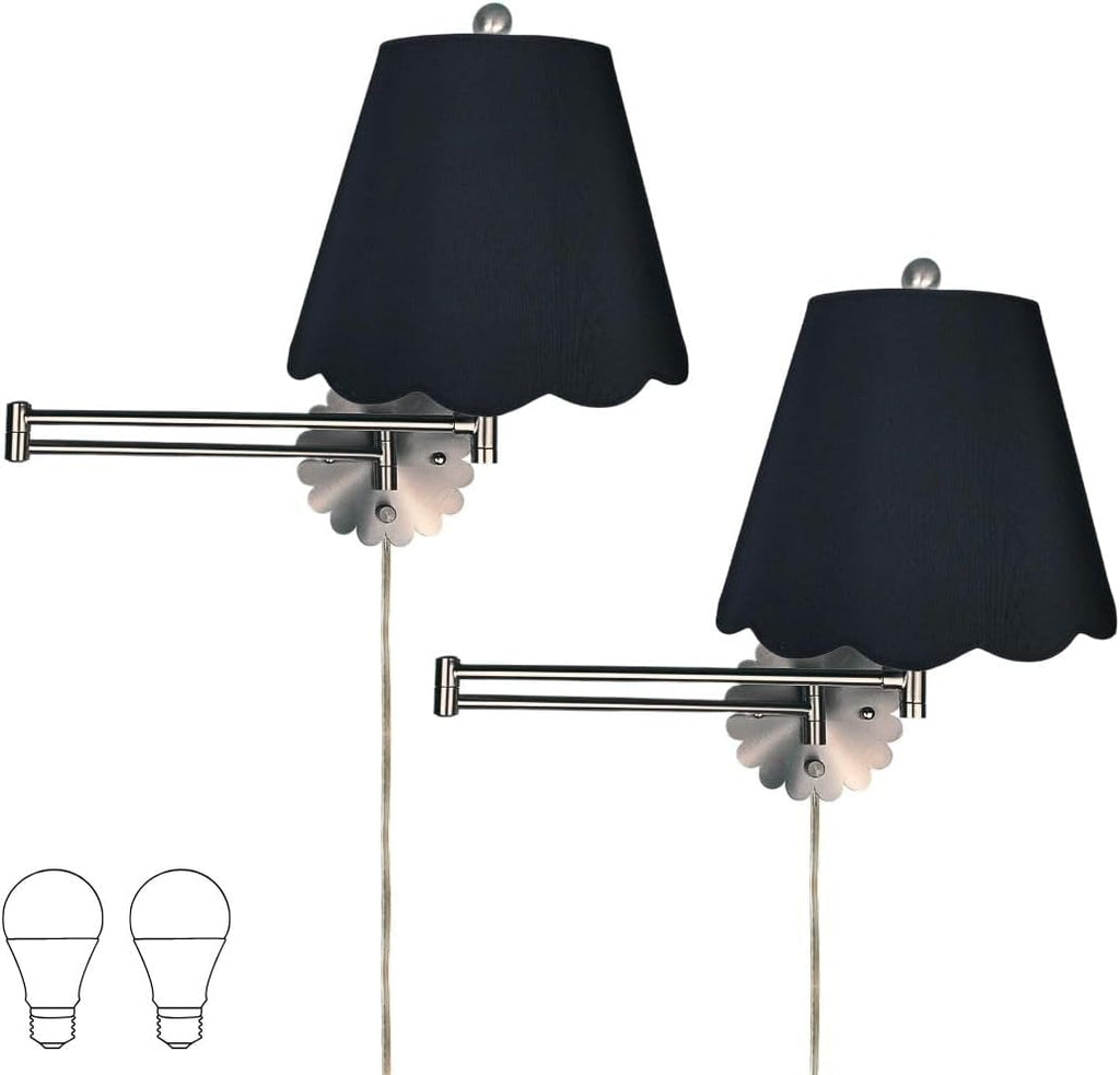 Royal Designs, Inc. Set of 2 Scalloped Swing-Arm Dimmable Wall Lamp - Brushed Nickel Lamp with Black Scallop Hardback Lampshade