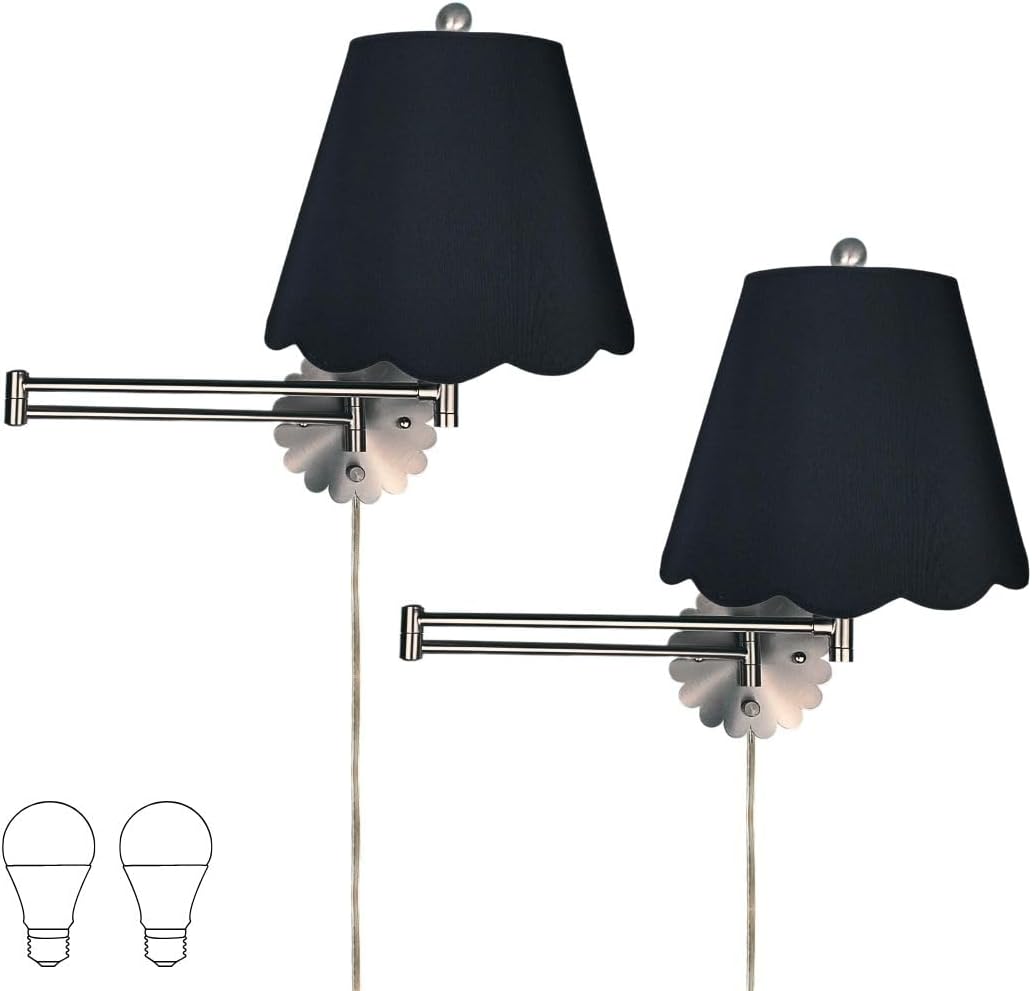 Royal Designs, Inc. Set of 2 Scalloped Swing-Arm Dimmable Wall Lamp - Brushed Nickel Lamp with Black Scallop Hardback Lampshade