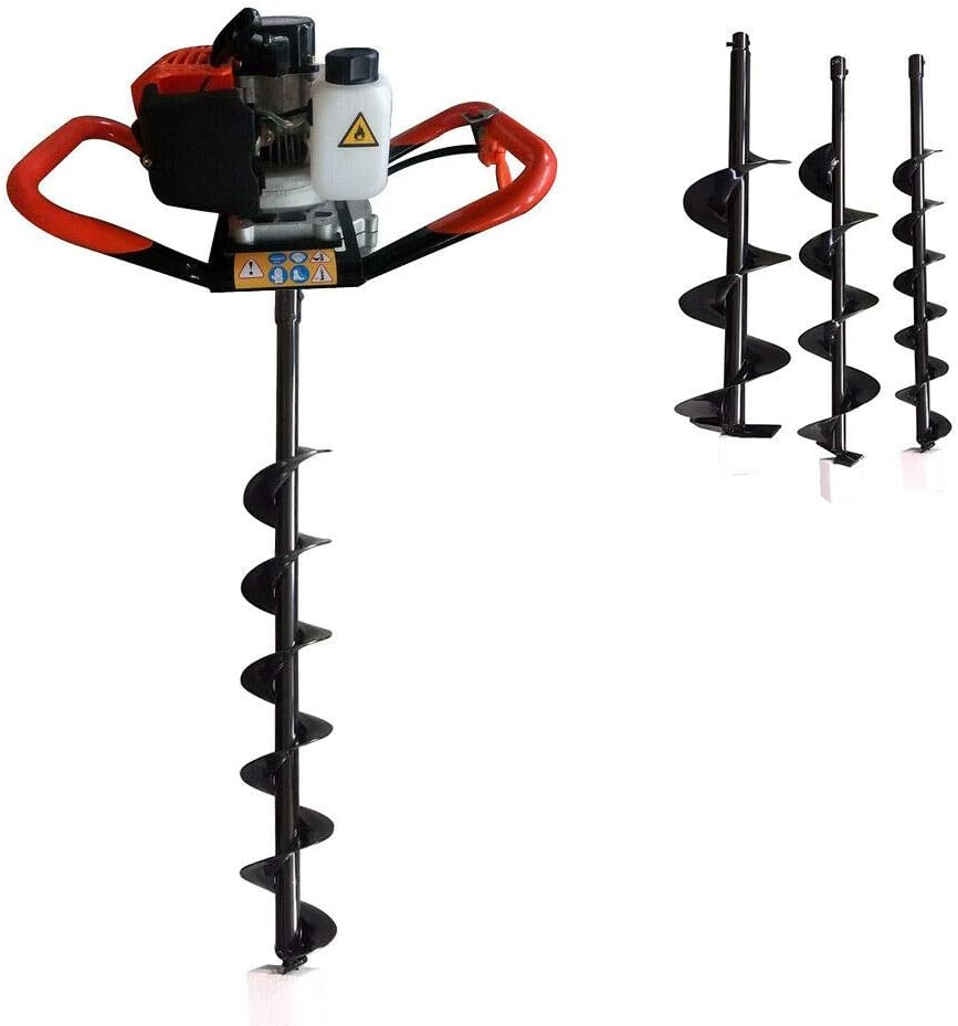 Fence Earth Auger, Petrol Borer 52cc 2-Stroke Post Hole Digger+Drill Bits 4' 6' 8' Bar Single Cylinder Air-Cooled System One Man Fence Earth Auger (US Stock) (2.3HP)