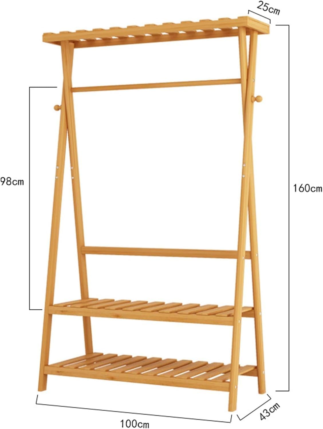 3 in 1 Bamboo Coat Rack Garment Rack,Stand Clothes Hanging with Shelves Storage Organiser Shoe Storage Shelves Garment Rack (Color : Wood color, Size : 100 * 43 * 160cm)