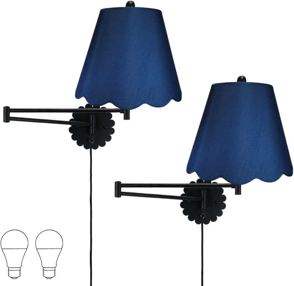 Royal Designs, Inc. Set of 2 Scalloped Swing-Arm Dimmable Wall Lamp - Black Lamp with Navy Blue Scallop Hardback Lampshade