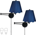 Royal Designs, Inc. Set of 2 Scalloped Swing-Arm Dimmable Wall Lamp - Black Lamp with Navy Blue Scallop Hardback Lampshade