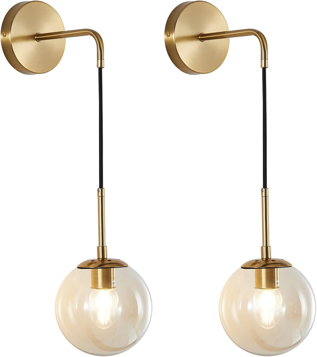KCO Lighting Modern Gold Globe Wall Sconce Mid Century Raw Brass Round Glass Wall Mounted Light Minimalist Vanity Adjustable Cord Wall Lamp for Bathroom Mirror Bedside Stairs (Amber)