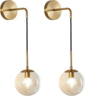 KCO Lighting Modern Gold Globe Wall Sconce Mid Century Raw Brass Round Glass Wall Mounted Light Minimalist Vanity Adjustable Cord Wall Lamp for Bathroom Mirror Bedside Stairs (Amber)