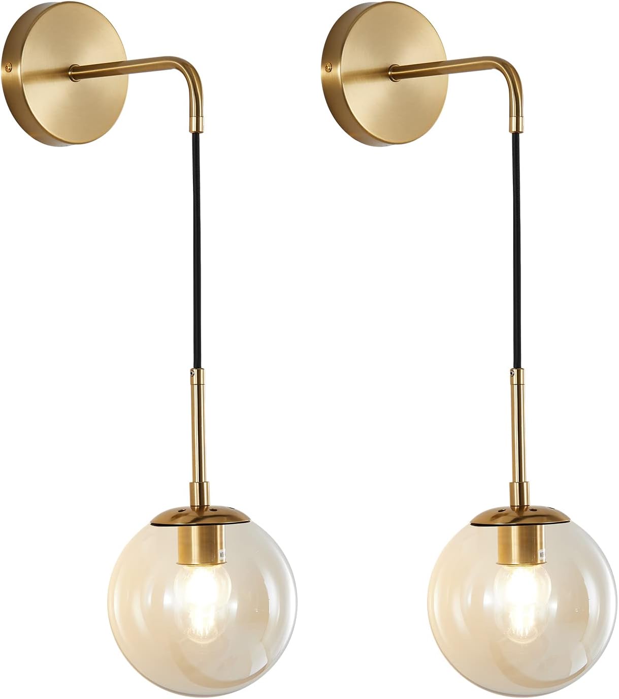 KCO Lighting Modern Gold Globe Wall Sconce Mid Century Raw Brass Round Glass Wall Mounted Light Minimalist Vanity Adjustable Cord Wall Lamp for Bathroom Mirror Bedside Stairs (Amber)