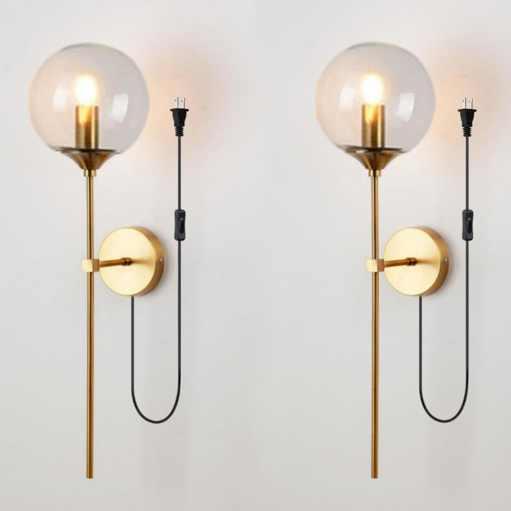 Mid-Century Modern Plug in Wall Light Smoke Grey Glass Wall Sconce Set of Two Gold Long Wall Mounted Lamp 5.9inch Glass Globe Wall Sconce Lighting for Bathroom Bedroom Living Room