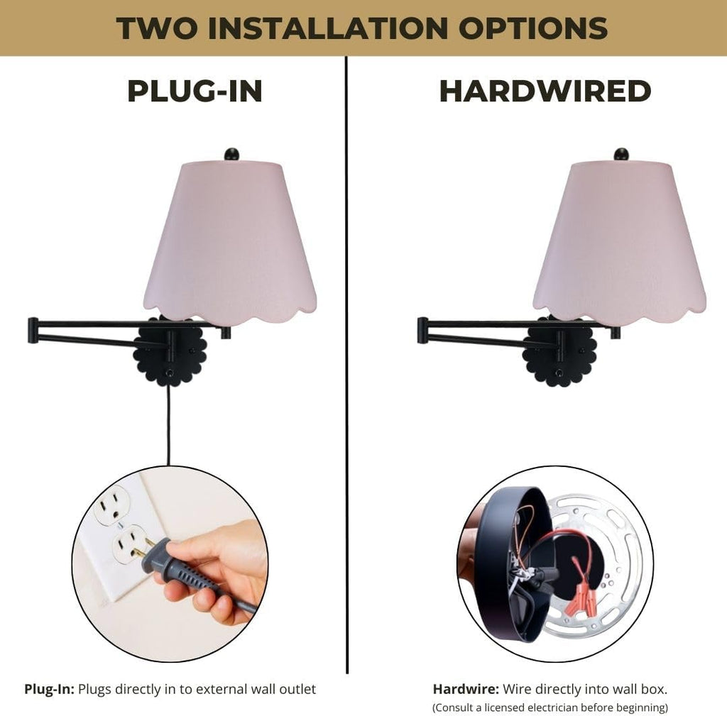 Royal Designs, Inc. Set of 2 Scalloped Swing-Arm Dimmable Wall Lamp - Black Lamp with Pink Scallop Hardback Lampshade