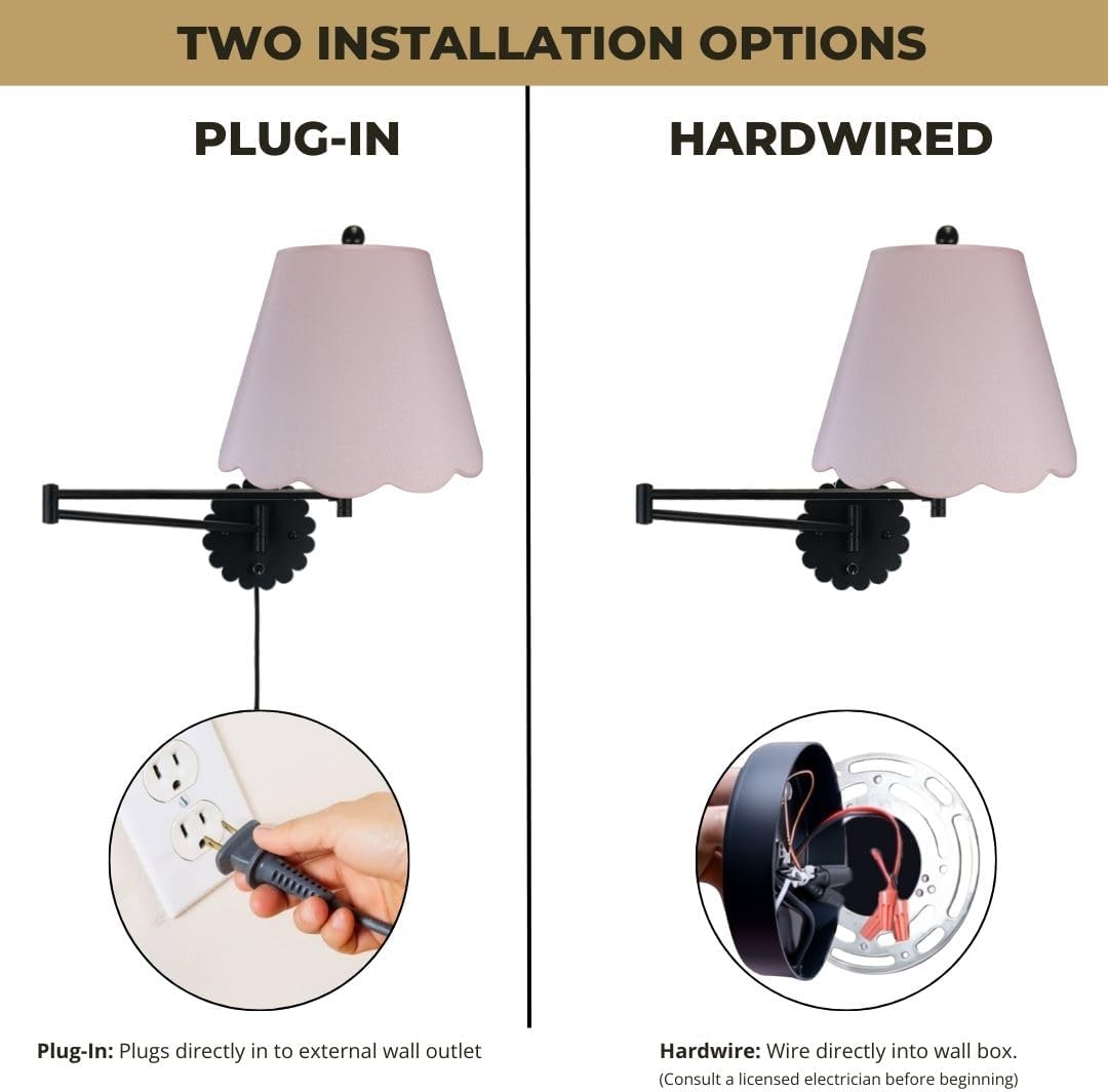 Royal Designs, Inc. Set of 2 Scalloped Swing-Arm Dimmable Wall Lamp - Black Lamp with Pink Scallop Hardback Lampshade