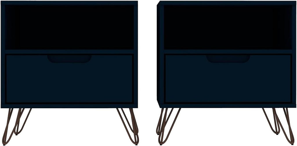 Manhattan Comfort Rockefeller Nightstands Set of 2 with Drawer and Cubby, Ideal for Bedroom and Living Room, Bedside Table with Mid Century Modern Design, Functional Storage Organizer, Blue