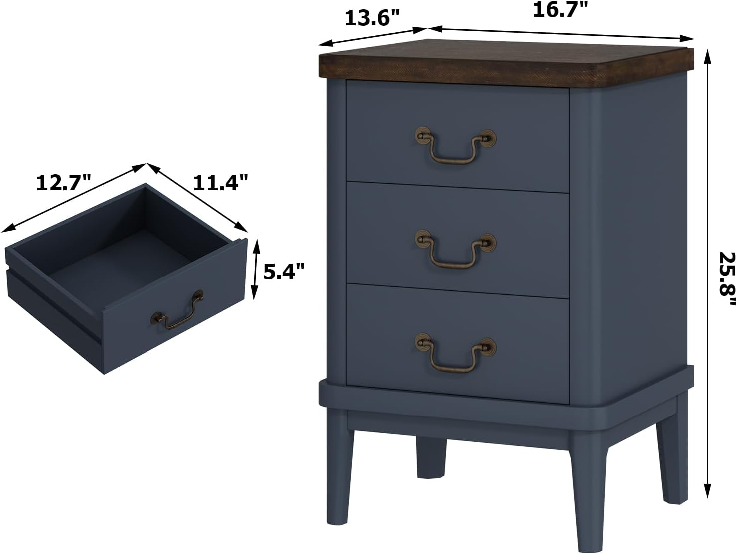 Wnutrees Farmhouse Nightstand with 3 Drawers，Modern Bedside Table with Round Curved Corner and Metal Handles, Wood End Side Table for Living Room, Hallway, Blue Set of 2