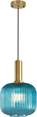 Modern Blue Pendant Light, Glass Hanging Light with Gold Finished, Mid Century Kitchen Lighting Fixture Ceiling Hanging, Coastal Pendant Lighting for Dining Room Kitchen Island