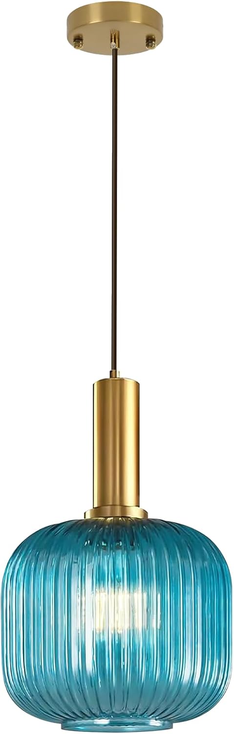 Modern Blue Pendant Light, Glass Hanging Light with Gold Finished, Mid Century Kitchen Lighting Fixture Ceiling Hanging, Coastal Pendant Lighting for Dining Room Kitchen Island