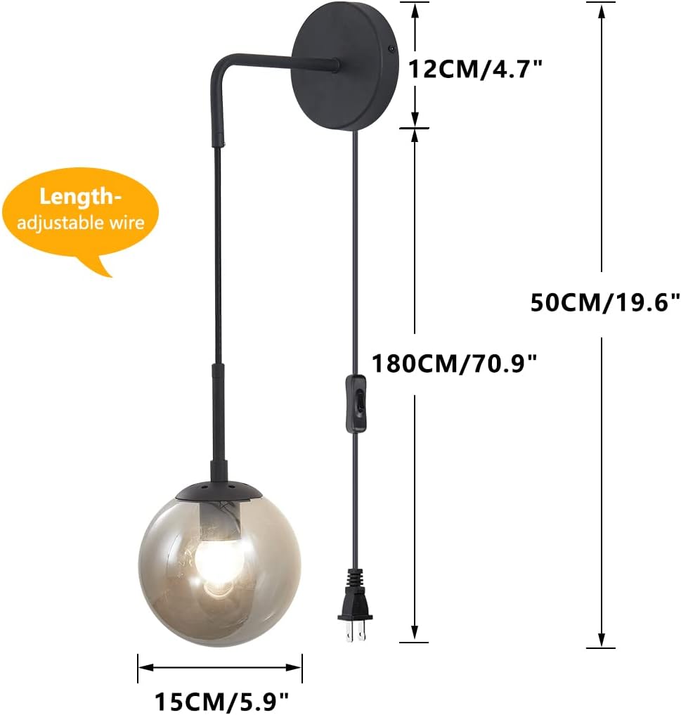 BOKT Modern Smoke Gray Glass Wall Sconce Lighting Set of Two Plug in Cord Mid Century Matte Black Wall Light Fixture Set of 2 Plug in Vanity Globe Bathroom Wall Lamp (Smoke Gray)