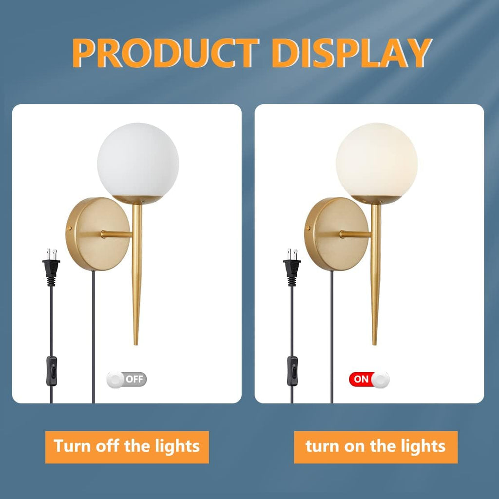 BOKT Mid Century Modern Globe Wall Sconce Set of Two Plug in Cord Brushed Gold Bathroom Wall Sconce Light Set of 2 Plug in Frosted White Glass Bedroom Plug in Wall Lamp (White)