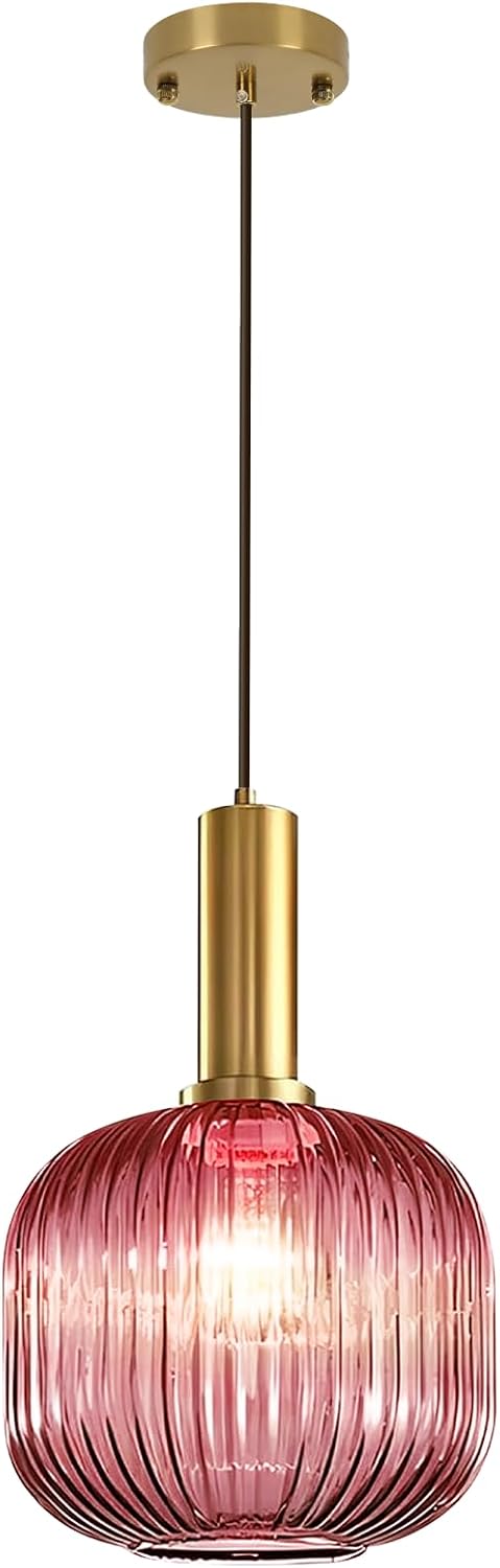 Glass Pendant Lamp Pink Pendant Light Kitchen Pendant Lighting Over Island Mid Century Modern Hanging Ceiling Light Gold Single Globe Chandelier Light Fixture for Dining Room Bedroom Hallway