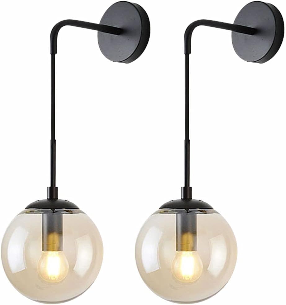 BOKT Matte Black Amber Glass Round Wall Sconce Light Set of Two Mid Century Modern Globe Bathroom Wall Sconce Lamp Set of 2 Farmhouse Industrial Adjustable Bar Wall Light Fixture (Amber)