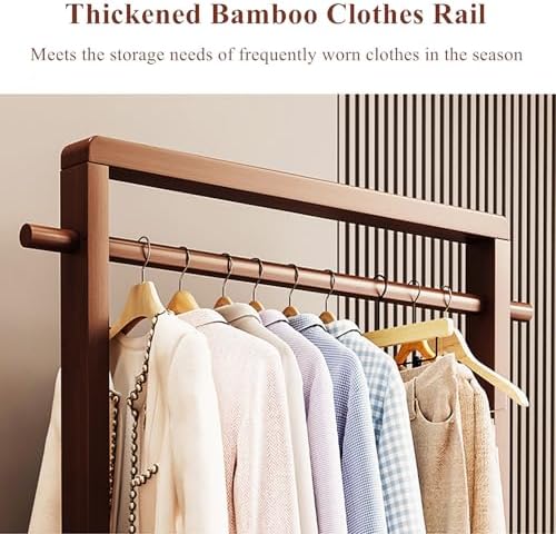 Large Solid Wood Clothes Rack, Garment Rack for Hanging Clothes, Bamboo Clothing Rack with Storage Shelf & Wheels, Portable Clothes Rack Coat Rack for Entryway and Bedroom