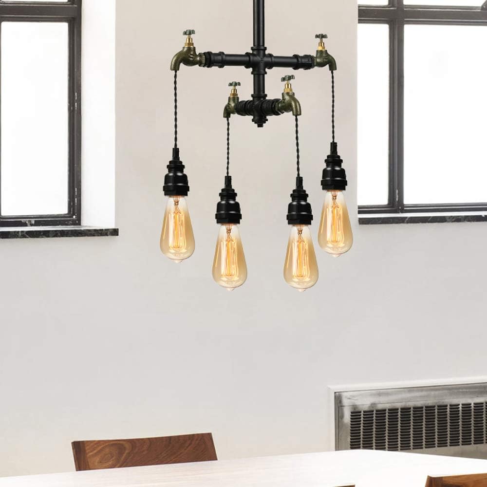 4-Light Antique Industrial Tap Wrought Iron Pendant Chandelier Lighting Vintage Steampunk Water Pipe Shaped Retro Loft Hanging Lamp Fixture Rustic Lighting 444813
