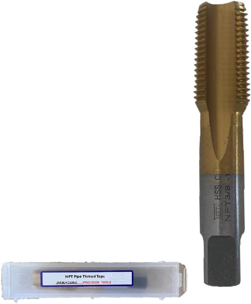 NPT Tap Pipe Thread,High Speed Steel Cobalt-Titanium Coating,Inch Straight Flute Taps – NPT Threading Tools for Pipe Work DRINYOUNG (Straight 3/8'-18 NPT Qty 10)