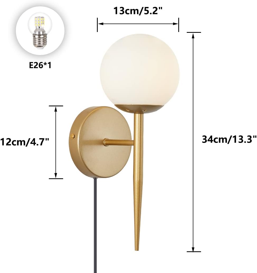 BOKT Mid Century Modern Globe Wall Sconce Set of Two Plug in Cord Brushed Gold Bathroom Wall Sconce Light Set of 2 Plug in Frosted White Glass Bedroom Plug in Wall Lamp (White)