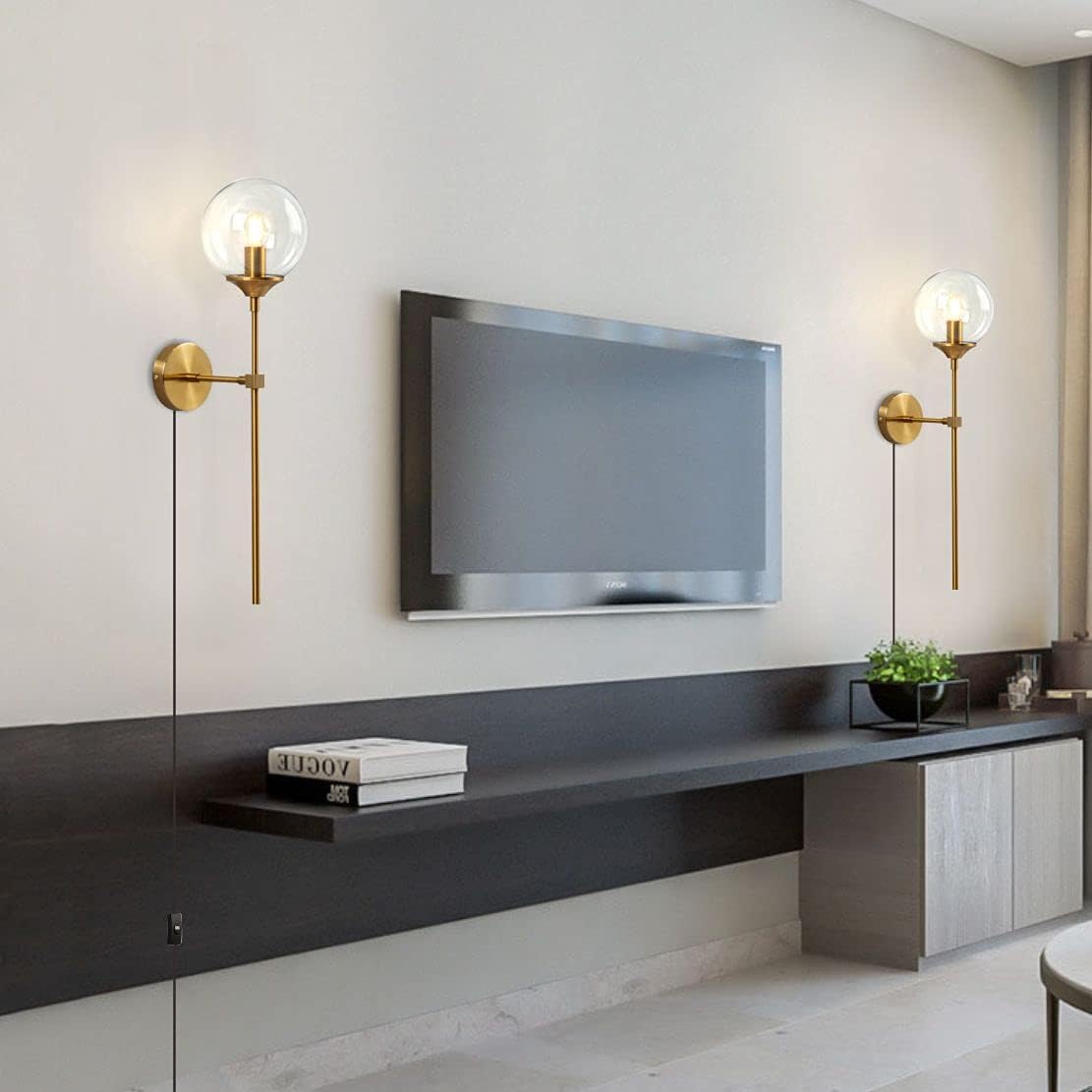 BOKT Modern Long Globe Plug in Wall Sconce Lighting Set of 2 Mid Century Brass Gold Wall Sconce Light Plug in Set of Two Clear Glass Bathroom Bedroom Wall Lamp (Clear-Plug in)