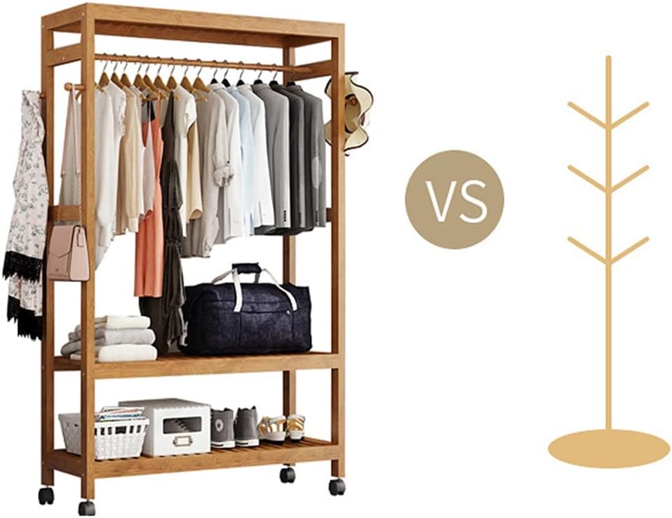 Coat Rack, Bamboo Garment Rack With Wheels 2 Tier Storage Shelves Clothes Hanging Rack With Side Hooks Heavy Duty Clothing Rack Portable Wardrobe Closet Organizer