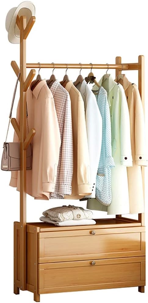 Bamboo Garment Rack with Drawer for Bedroom nization Freestanding Clothes Stand with 2 Tier Drawer and Hanging Space Available in 50/70/80/100cm Sizes