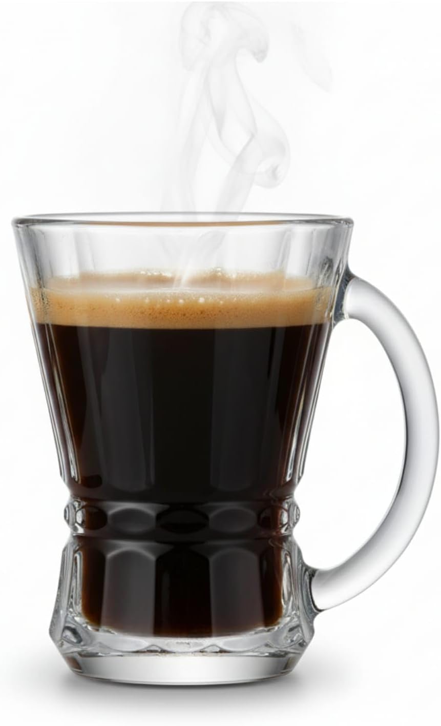 Clear Glass Coffee and Tea Cups with Handle, Set of 48, Small Glass Mugs for Espresso, Cappuccino, Latte, Turkish Tea, Events, Parties, Catering & Gift, Ribbed Drinkware, 5 oz
