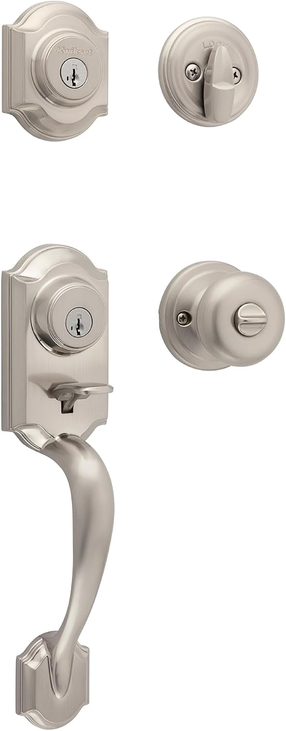 Kwikset Montara Front Door Lock Handle and Deadbolt Set, Entry Handleset Exterior with Interior Doorknob, Satin Nickel, Pick Resistant SmartKey Rekey Deadbolt Security, with Microban Protection