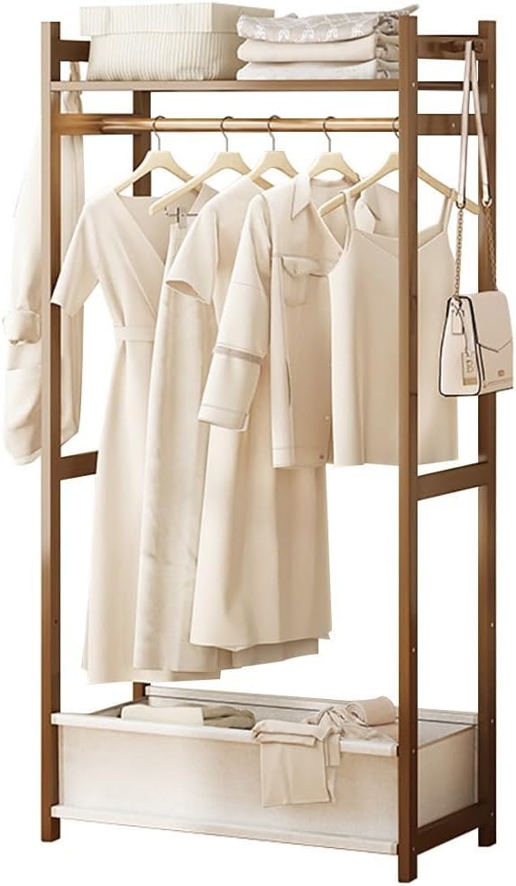 Bamboo Garment Rack with 5 Shelves Free Standing Hanging Rails for Clothes Shoes Hats Bedroom Storage nizer Max Load 100kg