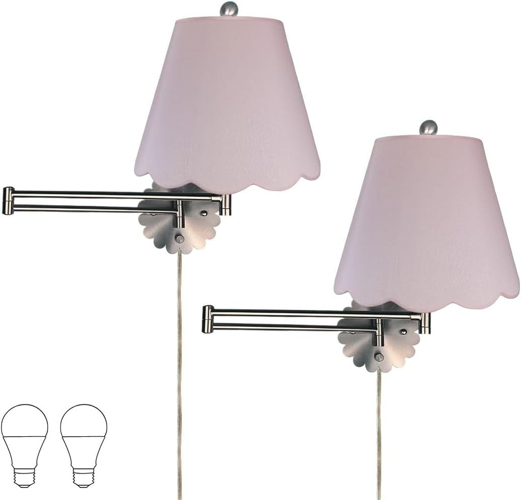Royal Designs, Inc. Set of 2 Scalloped Swing-Arm Dimmable Wall Lamp - Brushed Nickel Lamp with Pink Scallop Hardback Lampshade