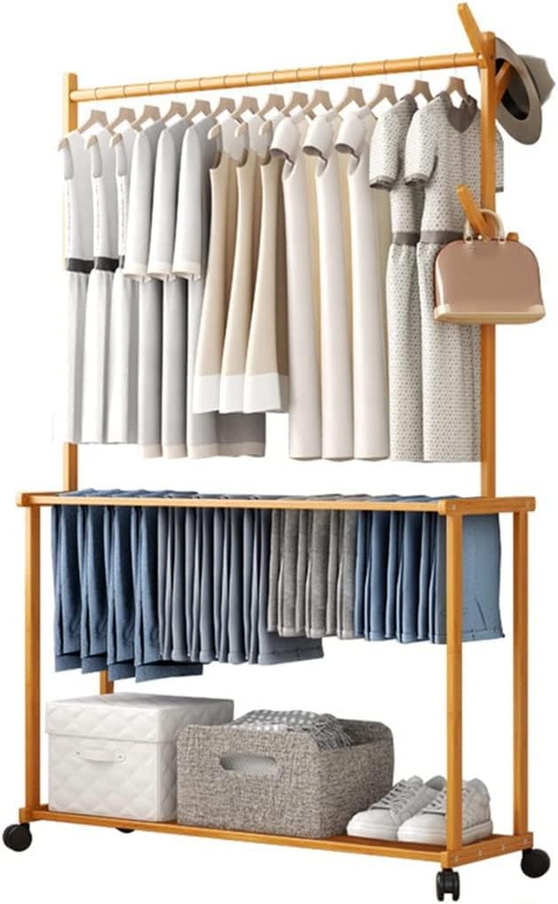 Large Bamboo Garment Rack, Hanging Shelves with Rollinge Wheels, Standing Clothes Storage Wardrobe/90 * 30 * 170Cm (90*30*170cm )