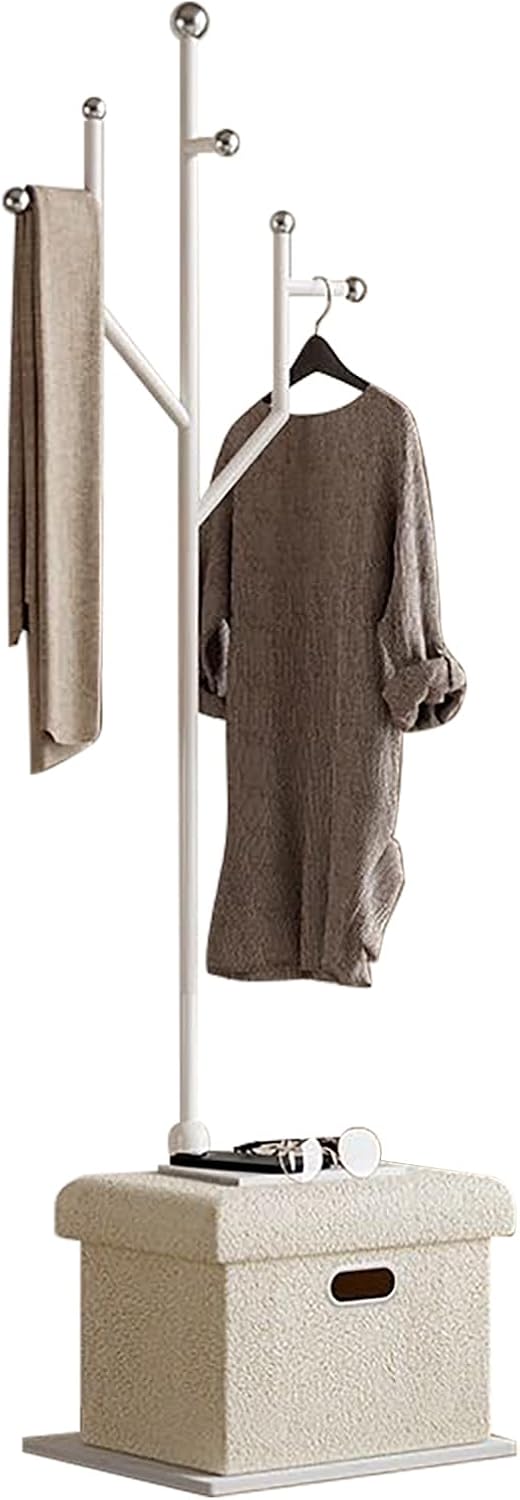 Ronsan Coat Rack Stand with Storage Box, Freestanding Metal Coat Tree with Natural Marble Base, 8-Hook Coat and Hat Rack for Entryway, Hallway, Bedroom and Office, White