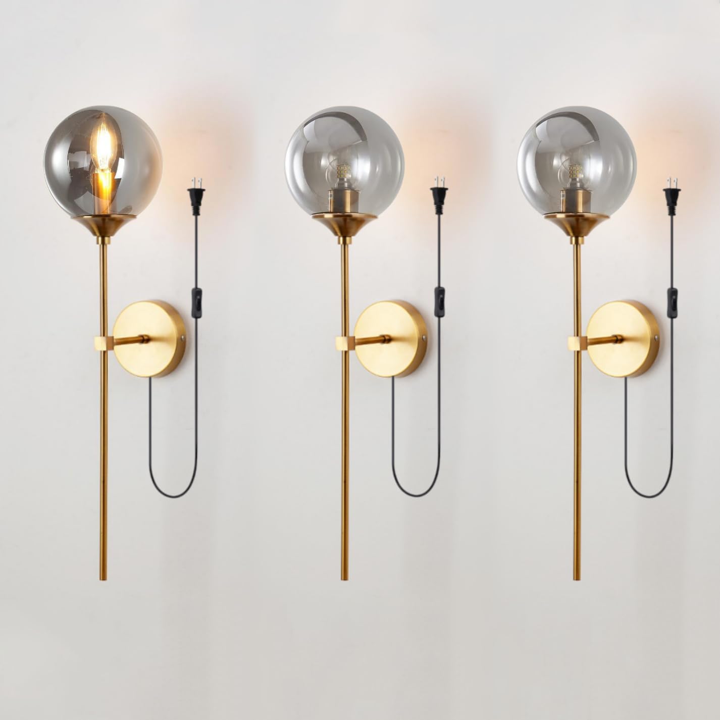 Glass Globe Plug in Wall Sconce Smoke Gray Shade Mid-Century Modern Wall Light Set of 3 Gold Long Wall Mounted Lamp for Bathroom Bedroom Living Room